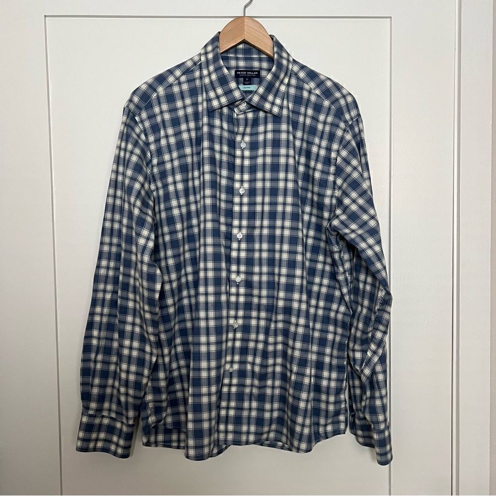 Peter Millar Shirt Mens XL Blue Plaid Crown Crafted Flex Finish Button Up Cotton